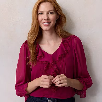 Women's LC Lauren Conrad 3/4 Sleeve Ruffle Front Blouse with Tucks