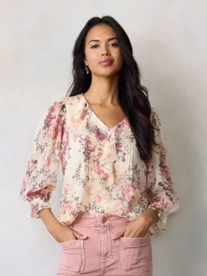 Women's LC Lauren Conrad 3/4 Sleeve Ruffle Front Blouse with Tucks