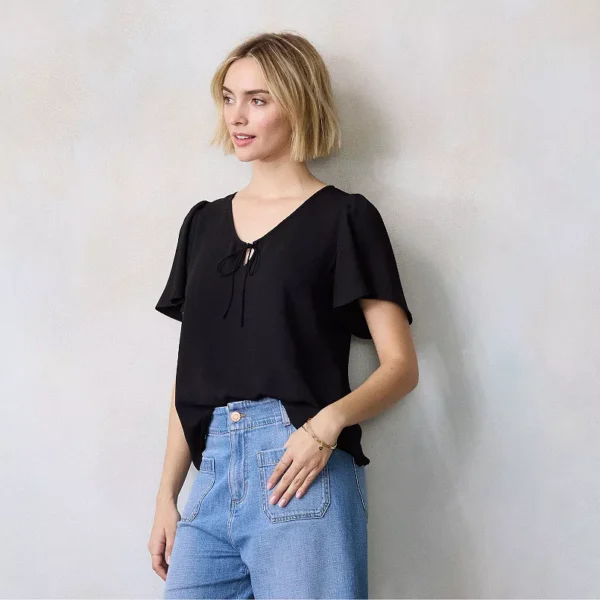 Women's LC Lauren Conrad Tie-Front Keyhole Flutter Sleeve Woven Top